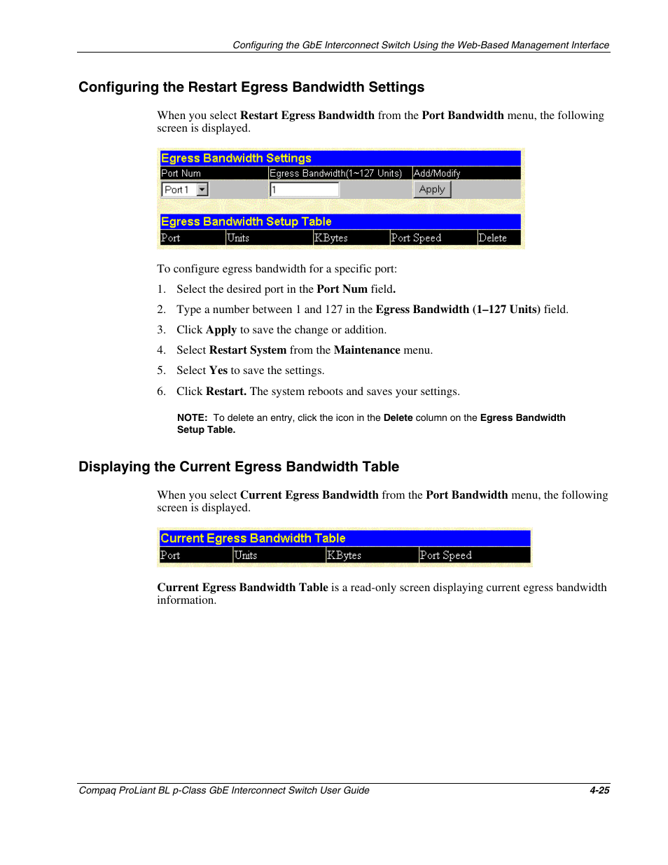 Configuring the restart egress bandwidth settings, Displaying the current egress bandwidth table, Displaying the current egress bandwidth table -25 | Compaq ProLiant Interconnect Switch User Manual | Page 121 / 207