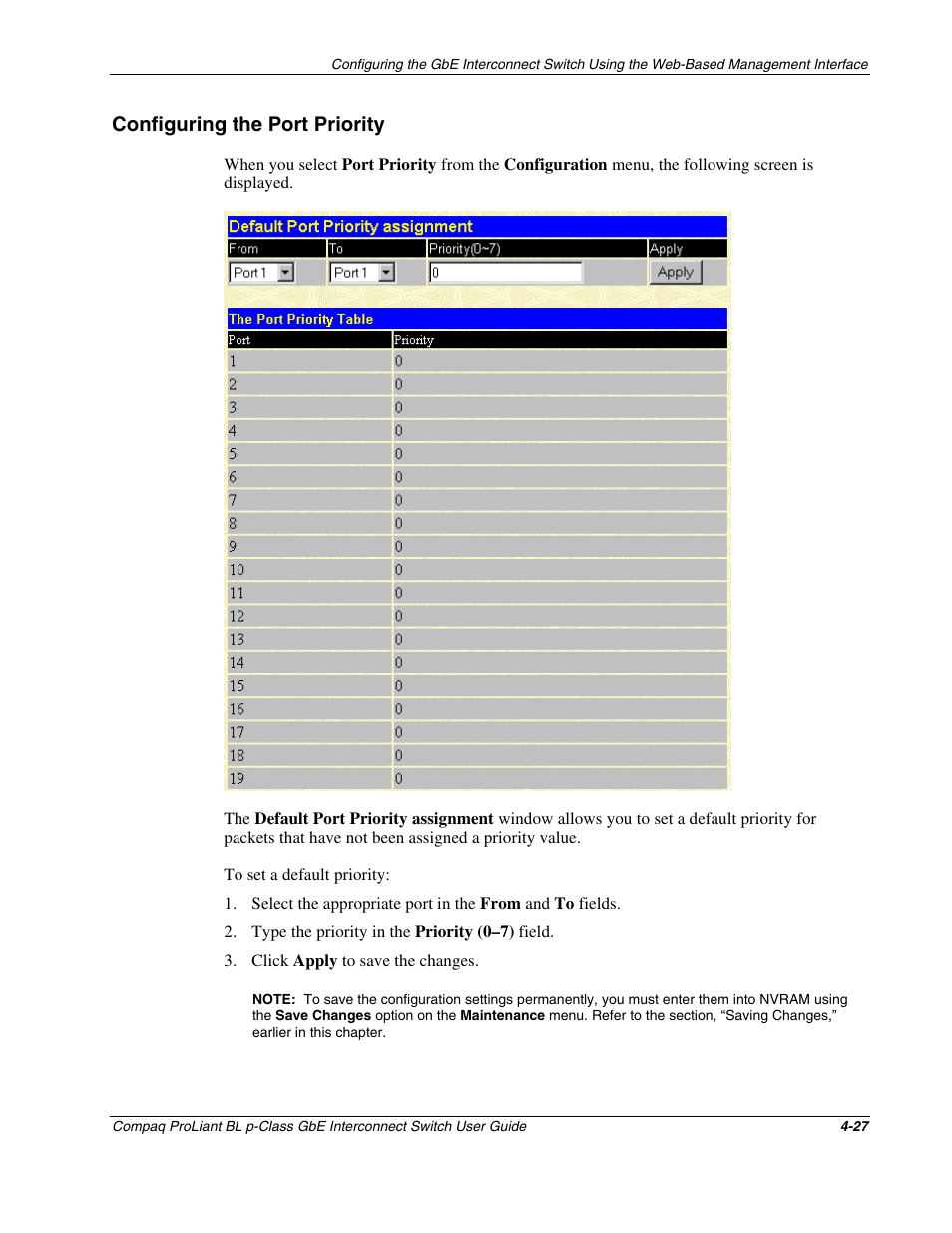 Configuring the port priority, Configuring the port priority -27 | Compaq ProLiant Interconnect Switch User Manual | Page 123 / 207