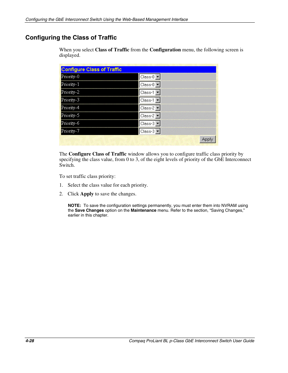 Configuring the class of traffic, Configuring the class of traffic -28 | Compaq ProLiant Interconnect Switch User Manual | Page 124 / 207