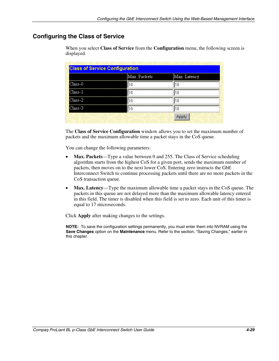 Configuring the class of service, Configuring the class of service -29 | Compaq ProLiant Interconnect Switch User Manual | Page 125 / 207