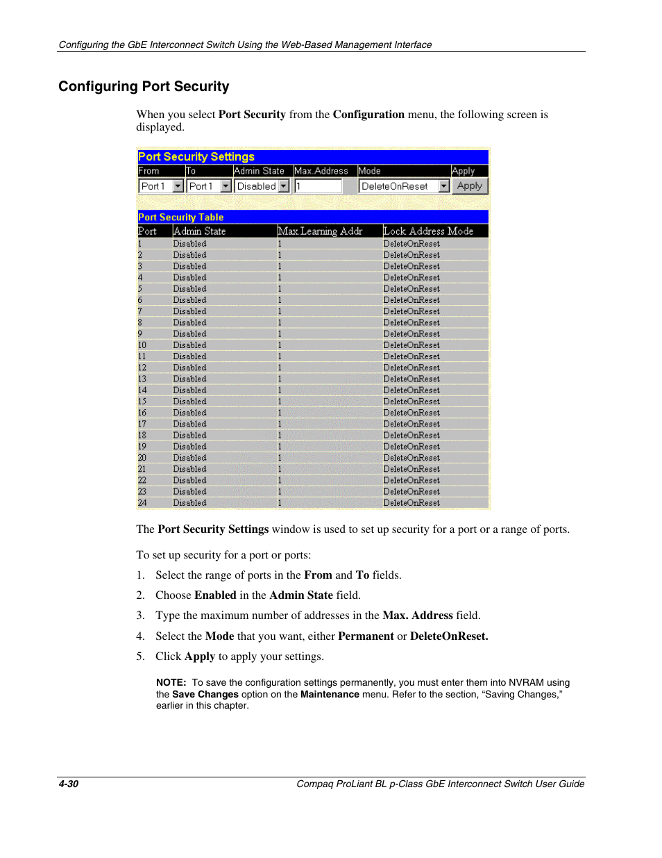 Configuring port security, Configuring port security -30 | Compaq ProLiant Interconnect Switch User Manual | Page 126 / 207