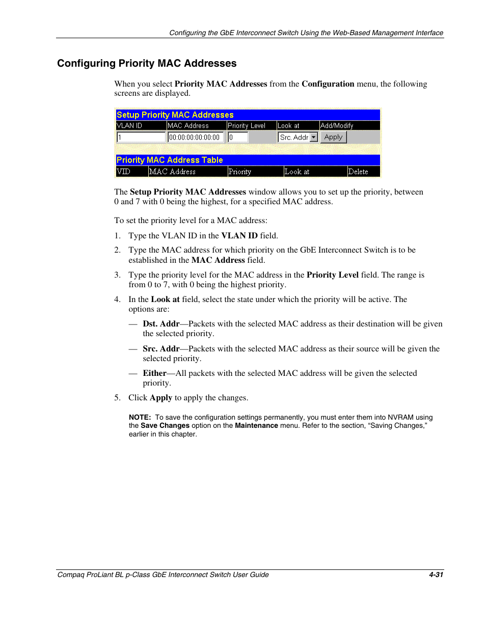 Configuring priority mac addresses, Configuring priority mac addresses -31 | Compaq ProLiant Interconnect Switch User Manual | Page 127 / 207
