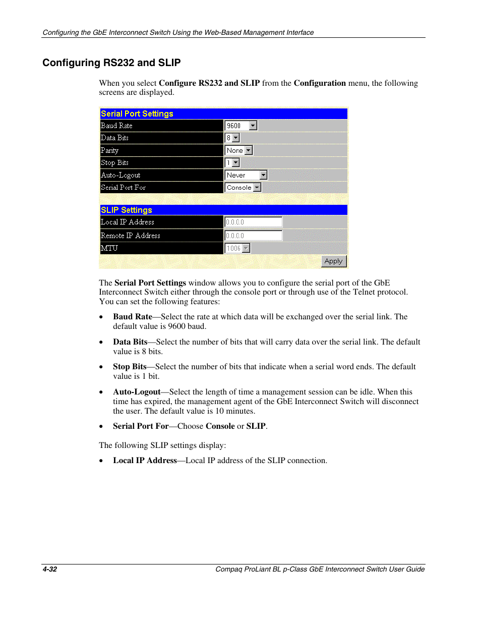 Configuring rs232 and slip, Configuring rs232 and slip -32 | Compaq ProLiant Interconnect Switch User Manual | Page 128 / 207