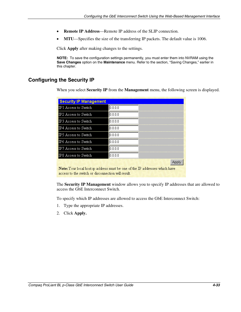 Configuring the security ip, Configuring the security ip -33 | Compaq ProLiant Interconnect Switch User Manual | Page 129 / 207