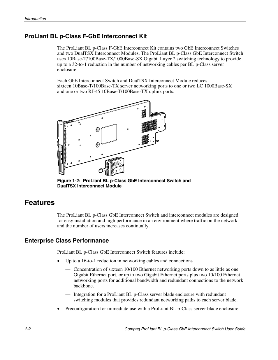 Proliant bl p-class f-gbe interconnect kit, Features, Enterprise class performance | Proliant bl p-class f-gbe interconnect kit -2, Features -2, Enterprise class performance -2 | Compaq ProLiant Interconnect Switch User Manual | Page 13 / 207
