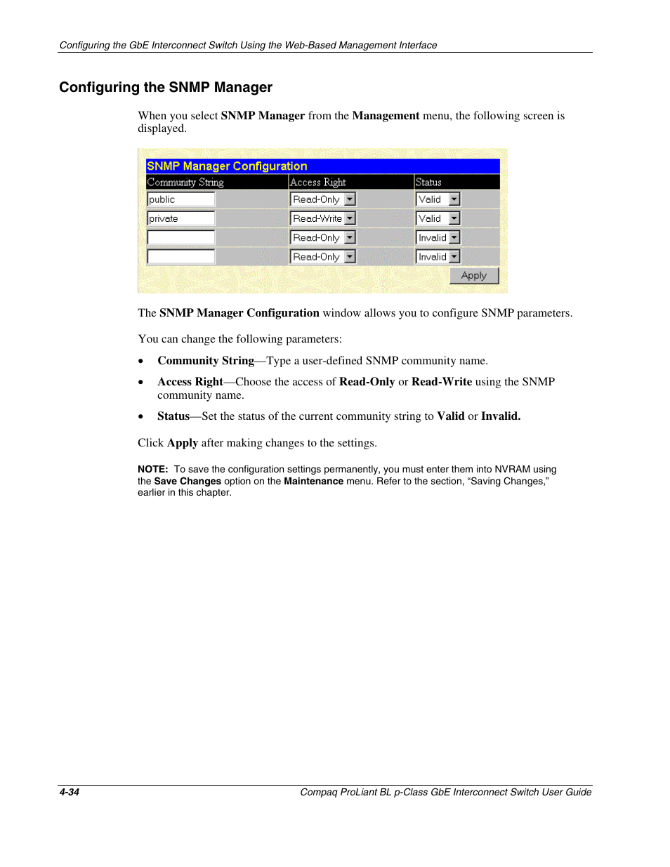 Configuring the snmp manager, Configuring the snmp manager -34 | Compaq ProLiant Interconnect Switch User Manual | Page 130 / 207