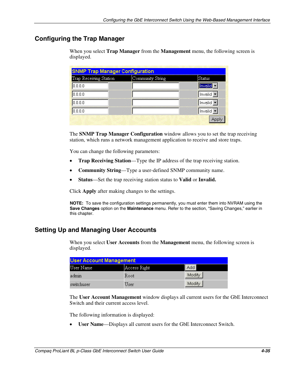 Configuring the trap manager, Setting up and managing user accounts, Configuring the trap manager -35 | Setting up and managing user accounts -35 | Compaq ProLiant Interconnect Switch User Manual | Page 131 / 207