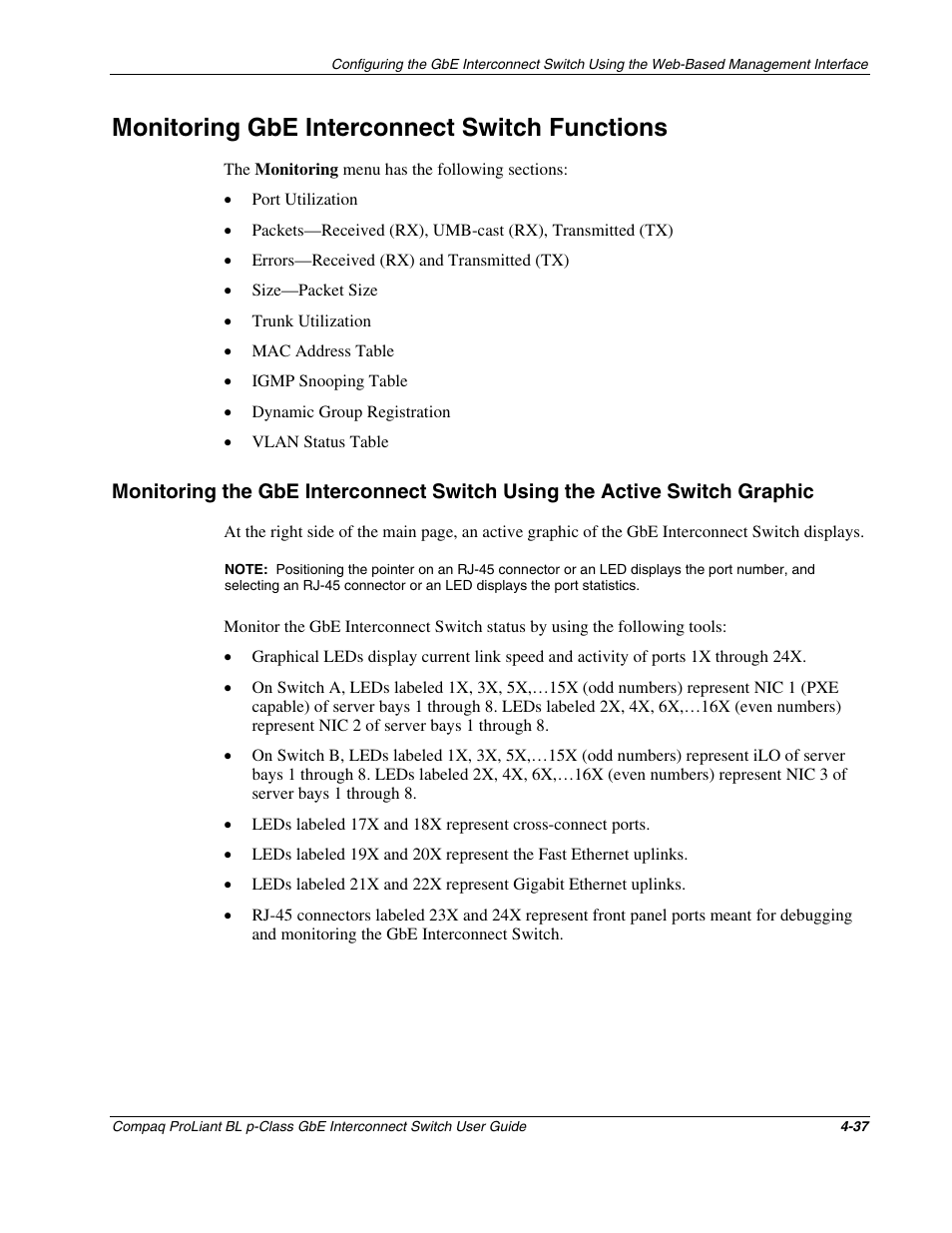 Monitoring gbe interconnect switch functions, Monitoring gbe interconnect switch functions -37 | Compaq ProLiant Interconnect Switch User Manual | Page 133 / 207