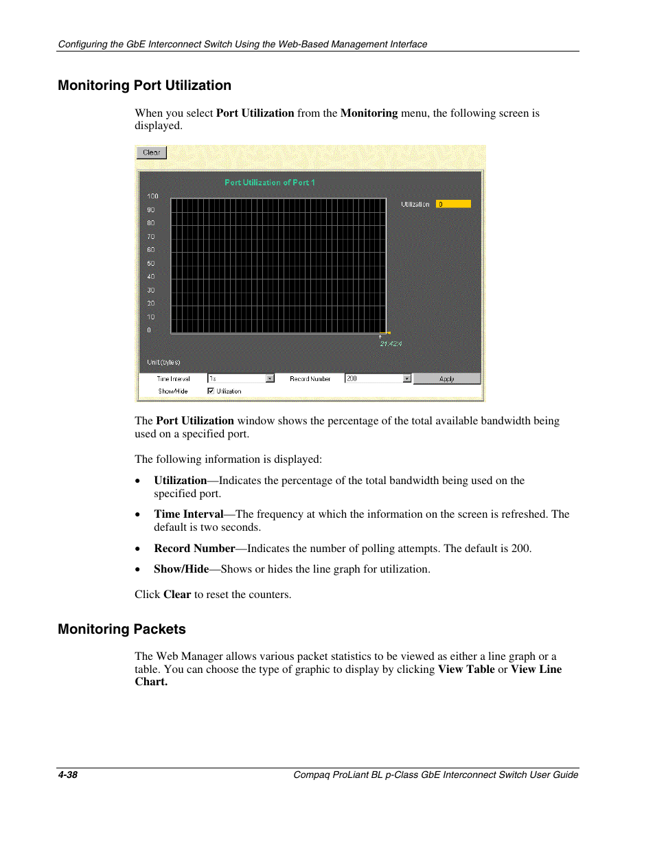 Monitoring port utilization, Monitoring packets, Monitoring port utilization -38 | Monitoring packets -38 | Compaq ProLiant Interconnect Switch User Manual | Page 134 / 207