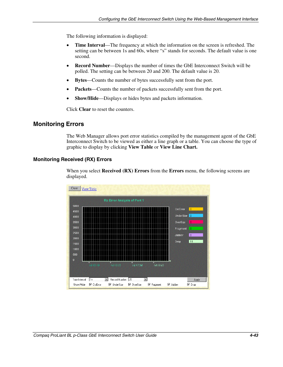 Monitoring errors, Monitoring received (rx) errors, Monitoring errors -43 | Compaq ProLiant Interconnect Switch User Manual | Page 139 / 207