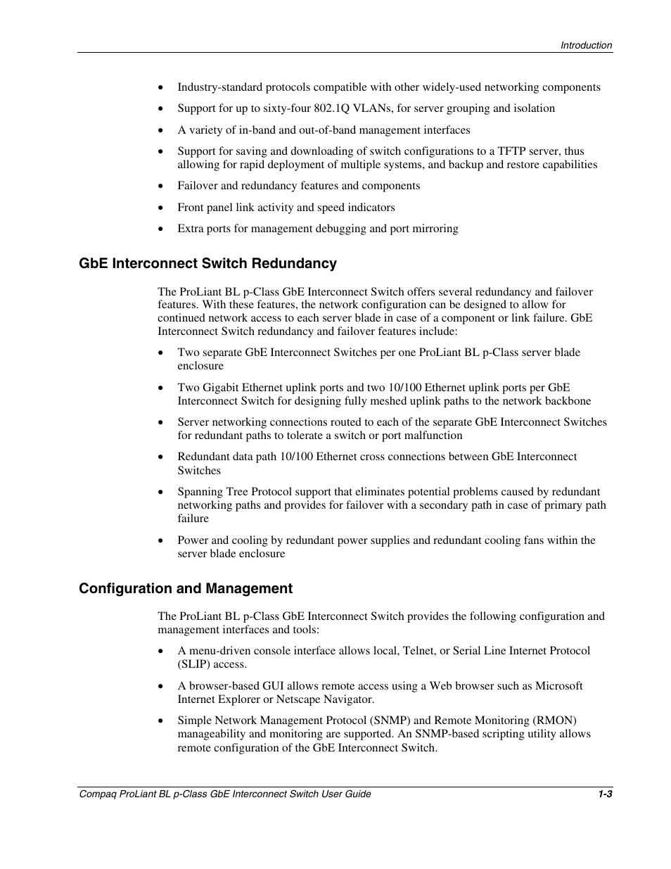 Gbe interconnect switch redundancy, Configuration and management, Gbe interconnect switch redundancy -3 | Configuration and management -3 | Compaq ProLiant Interconnect Switch User Manual | Page 14 / 207