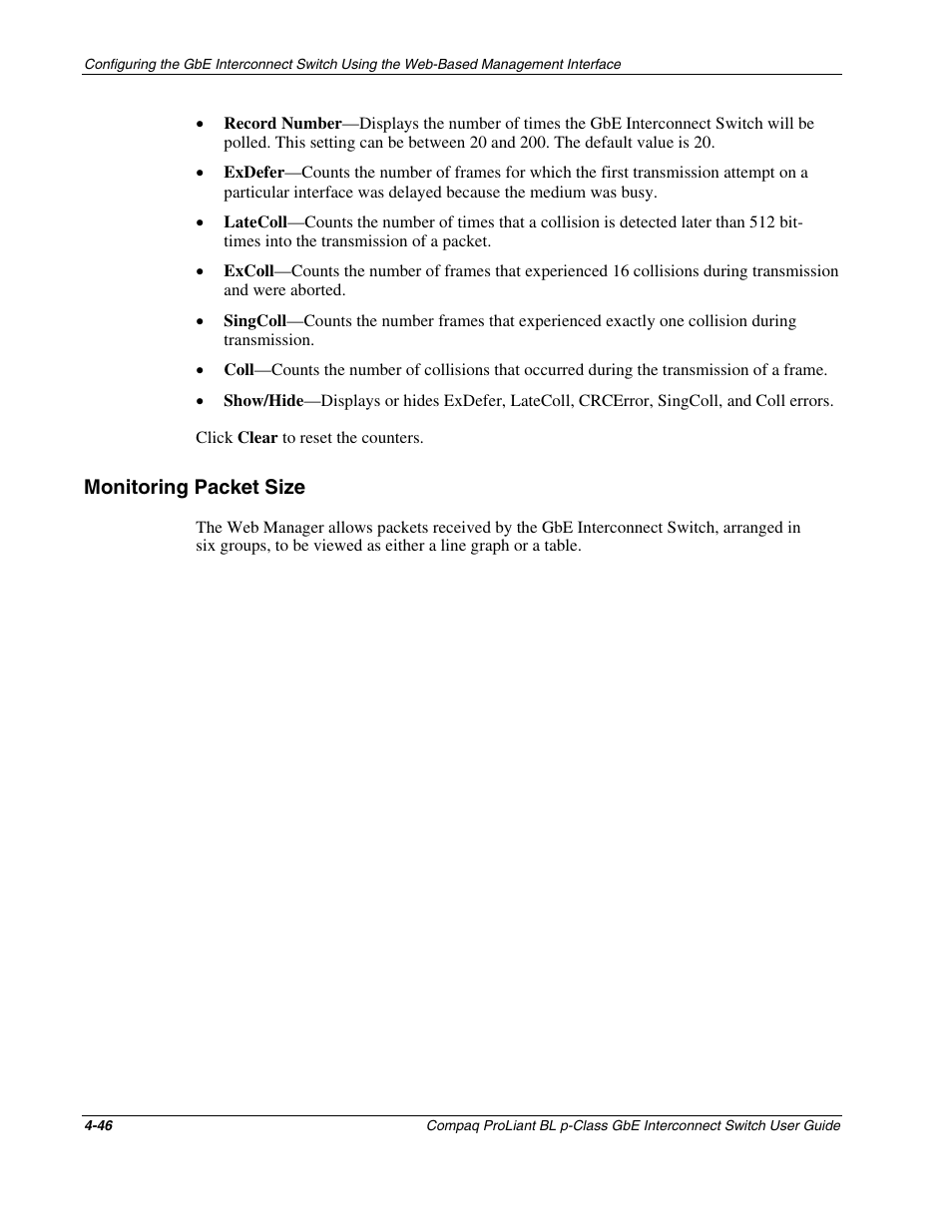 Monitoring packet size, Monitoring packet size -46 | Compaq ProLiant Interconnect Switch User Manual | Page 142 / 207