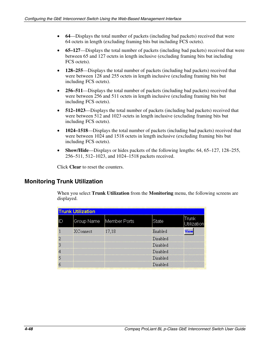Monitoring trunk utilization, Monitoring trunk utilization -48 | Compaq ProLiant Interconnect Switch User Manual | Page 144 / 207