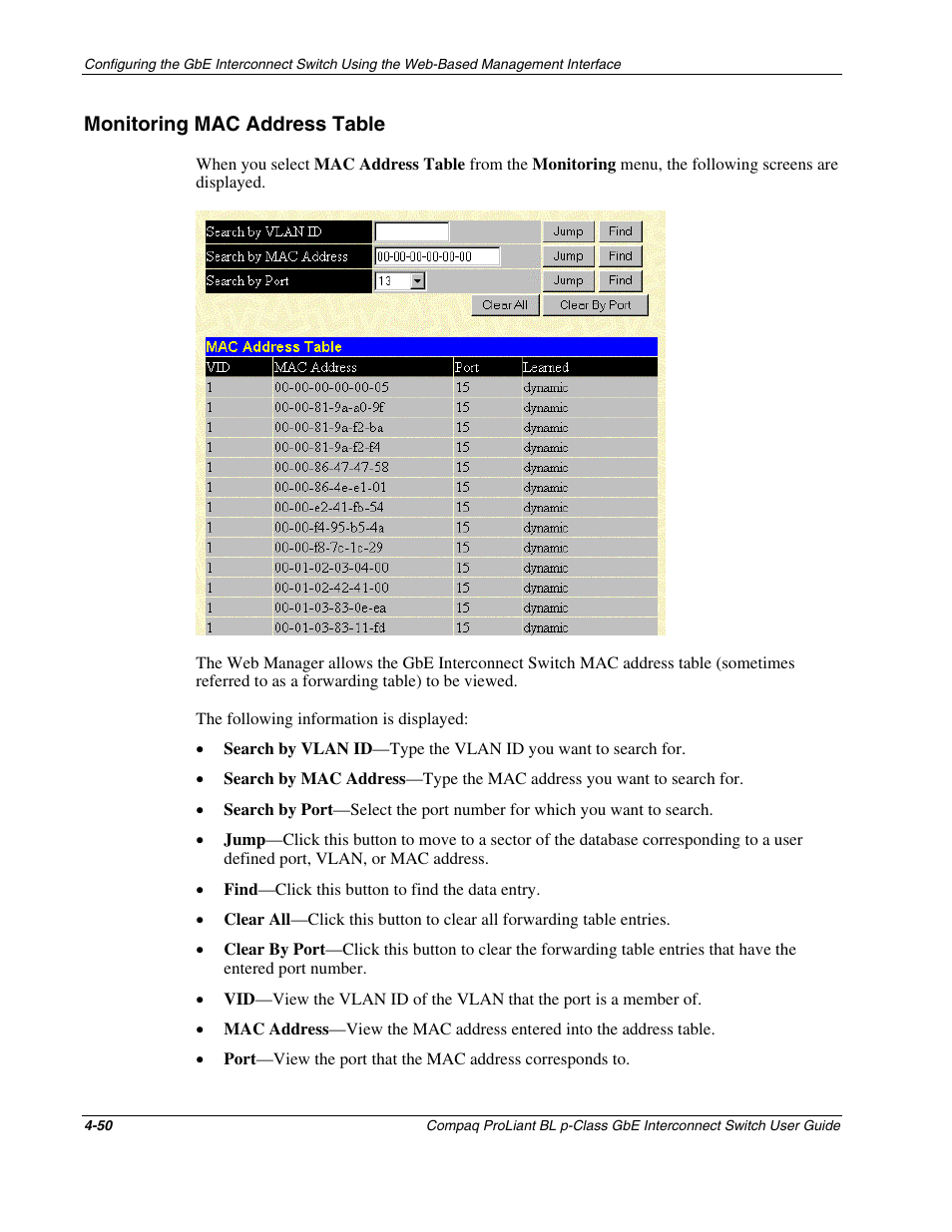 Monitoring mac address table, Monitoring mac address table -50 | Compaq ProLiant Interconnect Switch User Manual | Page 146 / 207