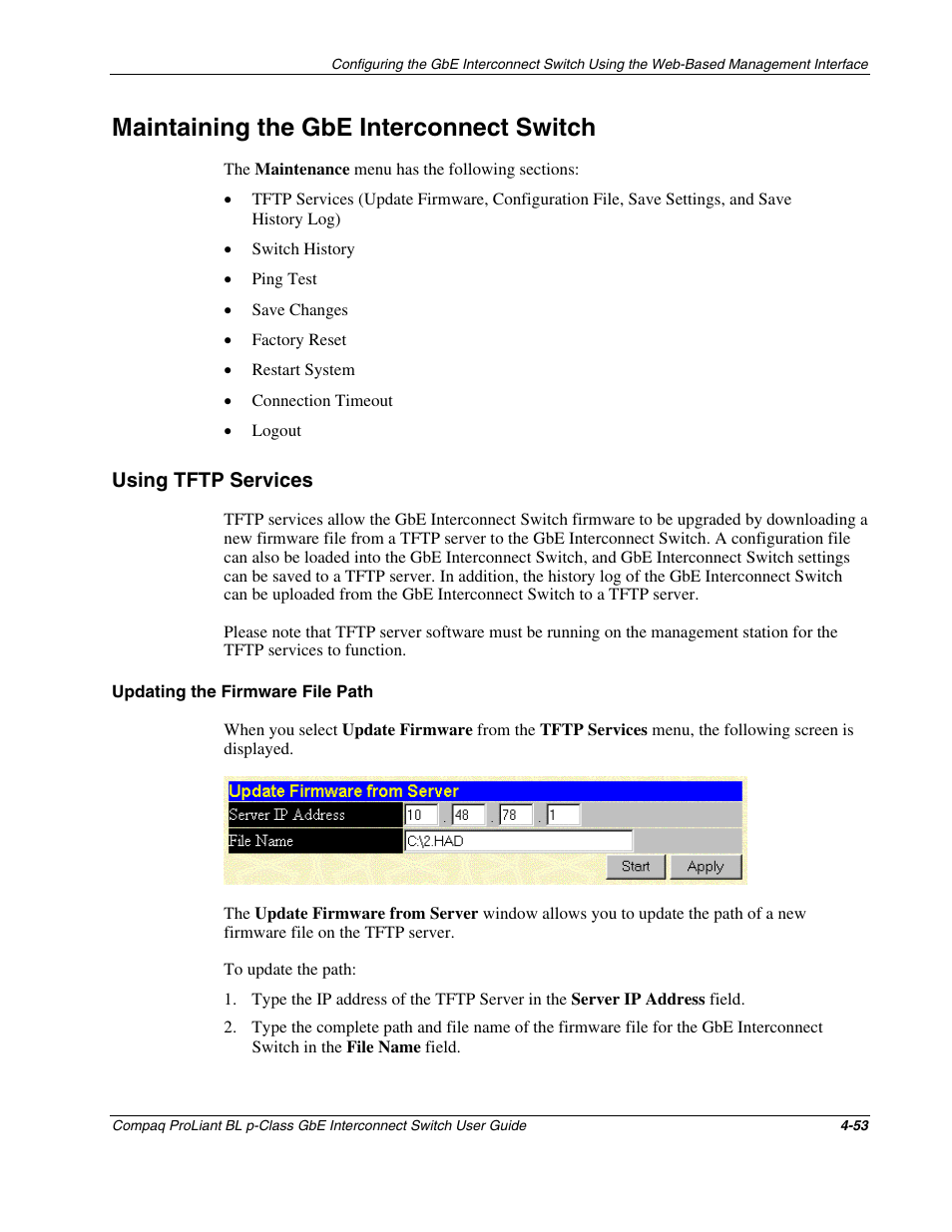 Maintaining the gbe interconnect switch, Using tftp services, Updating the firmware file path | Maintaining the gbe interconnect switch -53, Using tftp services -53 | Compaq ProLiant Interconnect Switch User Manual | Page 149 / 207