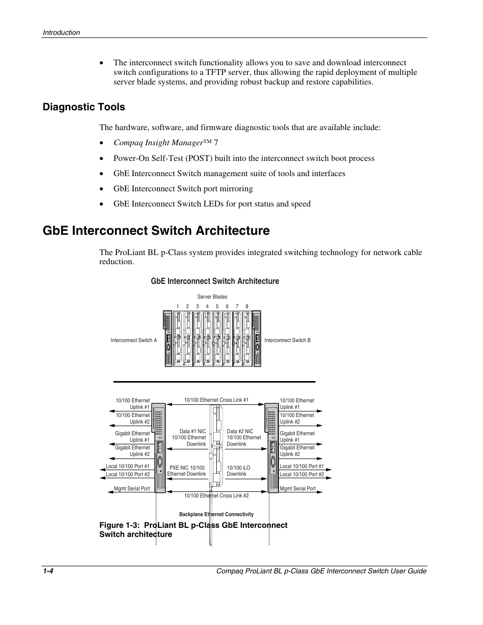 Diagnostic tools, Gbe interconnect switch architecture, Diagnostic tools -4 | Gbe interconnect switch architecture -4 | Compaq ProLiant Interconnect Switch User Manual | Page 15 / 207