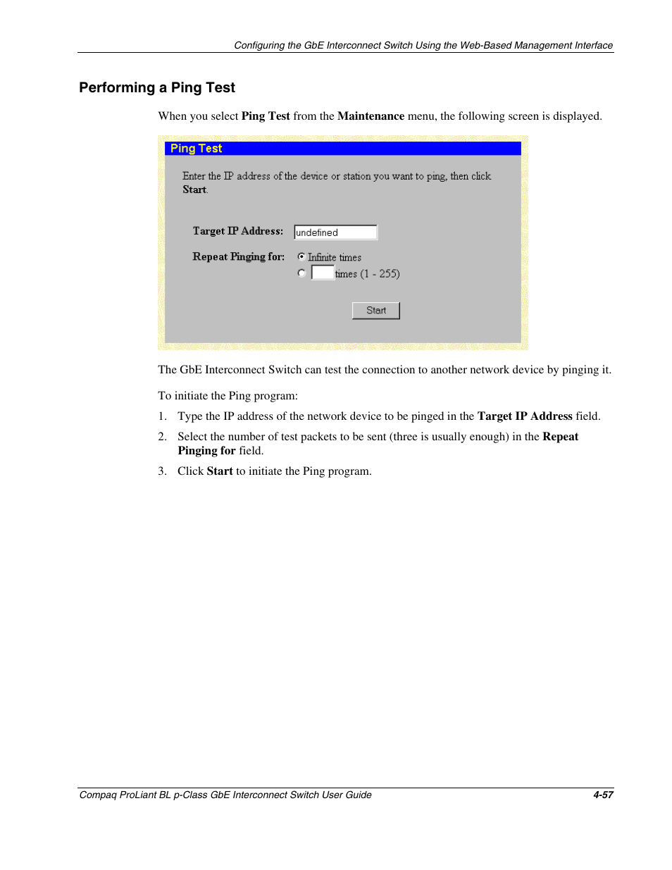 Performing a ping test, Performing a ping test -57 | Compaq ProLiant Interconnect Switch User Manual | Page 153 / 207