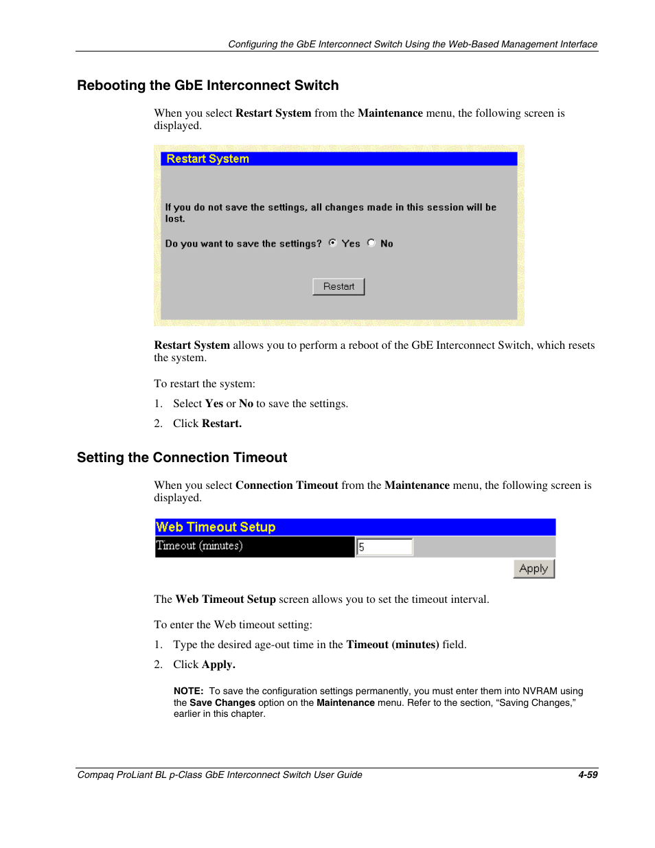 Rebooting the gbe interconnect switch, Setting the connection timeout, Rebooting the gbe interconnect switch -59 | Setting the connection timeout -59 | Compaq ProLiant Interconnect Switch User Manual | Page 155 / 207