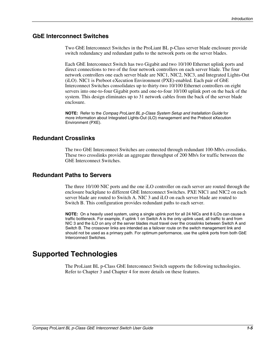 Gbe interconnect switches, Redundant crosslinks, Redundant paths to servers | Supported technologies, Gbe interconnect switches -5, Redundant crosslinks -5, Redundant paths to servers -5, Supported technologies -5 | Compaq ProLiant Interconnect Switch User Manual | Page 16 / 207
