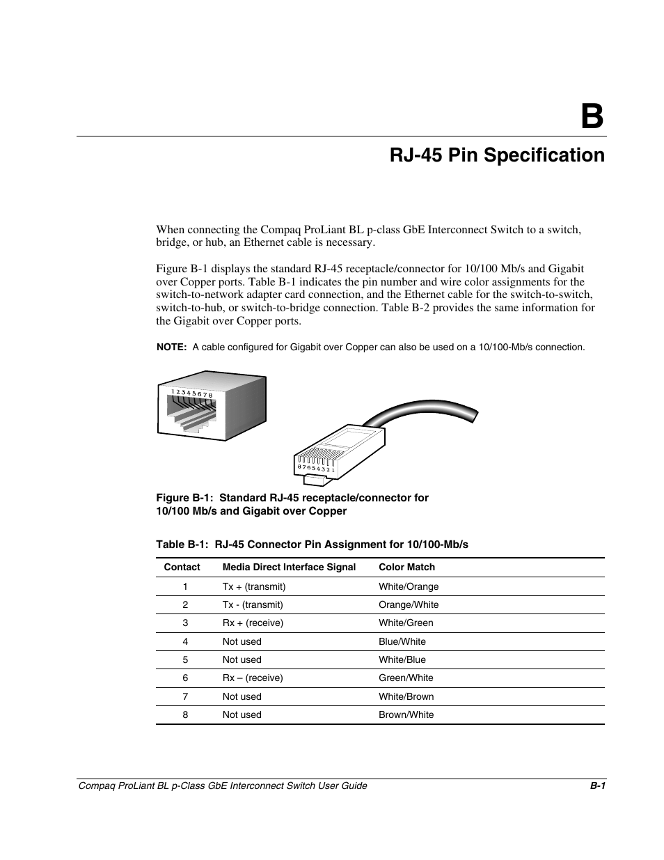 Appendix b: rj-45 pin specification, Appendix b, Rj-45 pin specification | Compaq ProLiant Interconnect Switch User Manual | Page 160 / 207