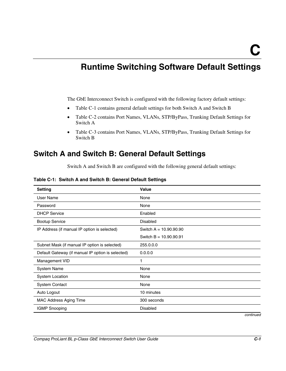 Switch a and switch b: general default settings, Appendix c, Runtime switching software default settings | Compaq ProLiant Interconnect Switch User Manual | Page 162 / 207