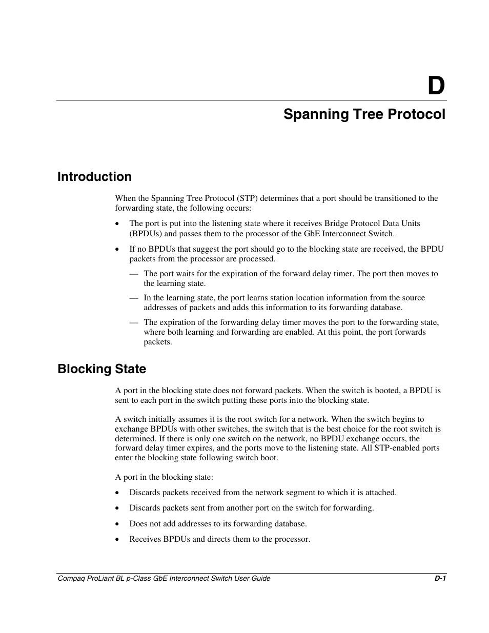 Appendix d: spanning tree protocol, Introduction, Blocking state | Appendix d, Spanning tree protocol | Compaq ProLiant Interconnect Switch User Manual | Page 169 / 207