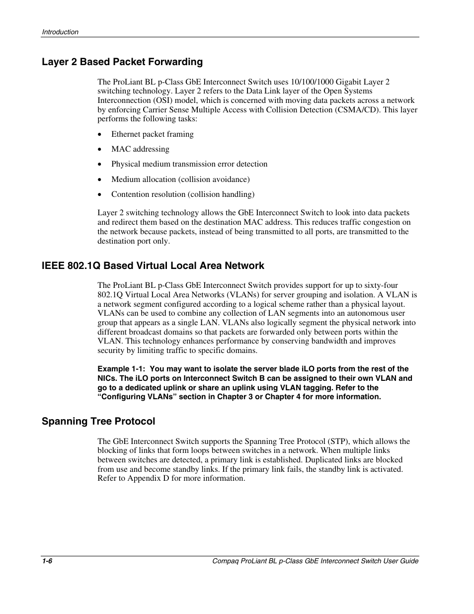 Layer 2 based packet forwarding, Ieee 802.1q based virtual local area network, Spanning tree protocol | Layer 2 based packet forwarding -6, Ieee 802.1q based virtual local area network -6, Spanning tree protocol -6 | Compaq ProLiant Interconnect Switch User Manual | Page 17 / 207