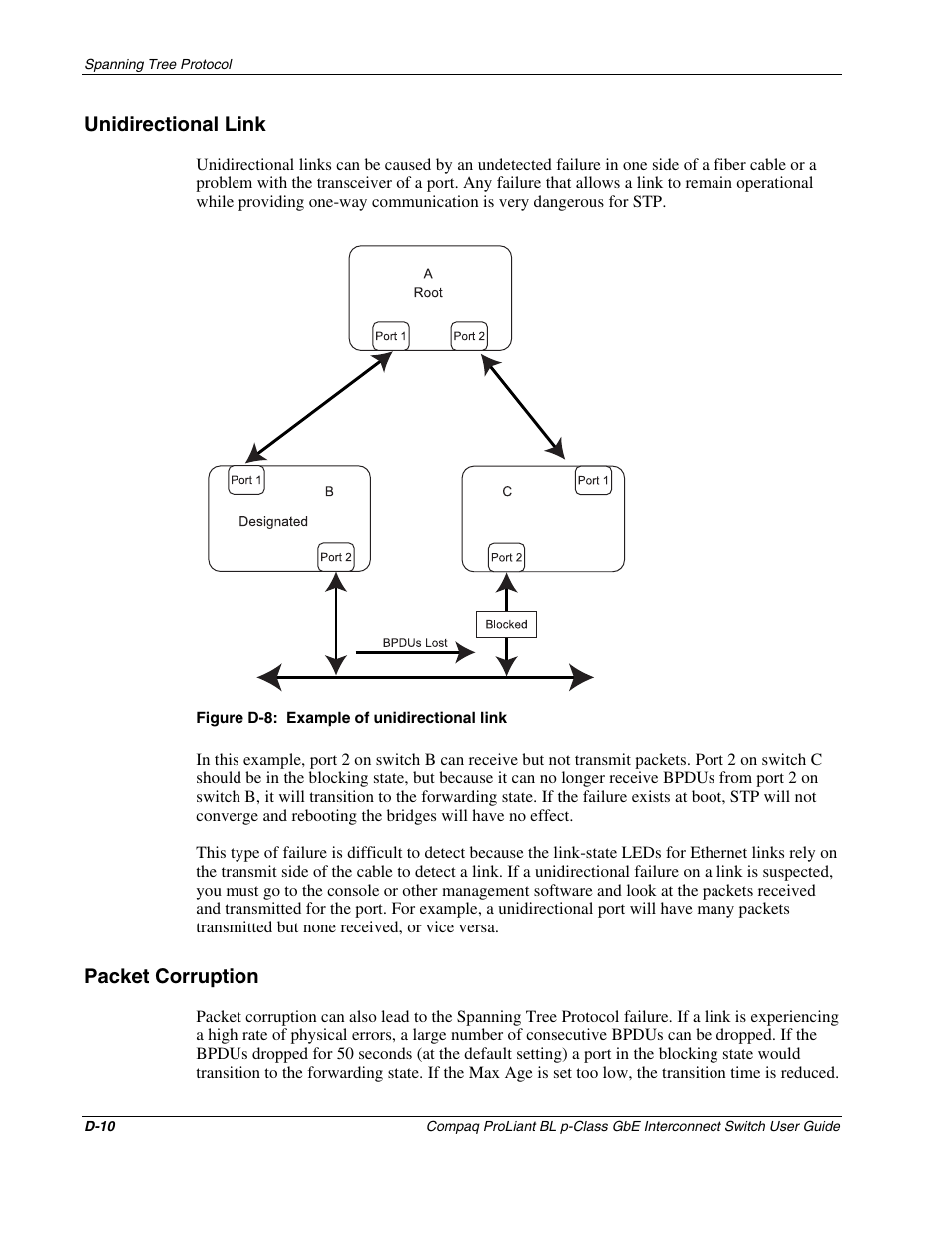 Unidirectional link, Packet corruption | Compaq ProLiant Interconnect Switch User Manual | Page 178 / 207