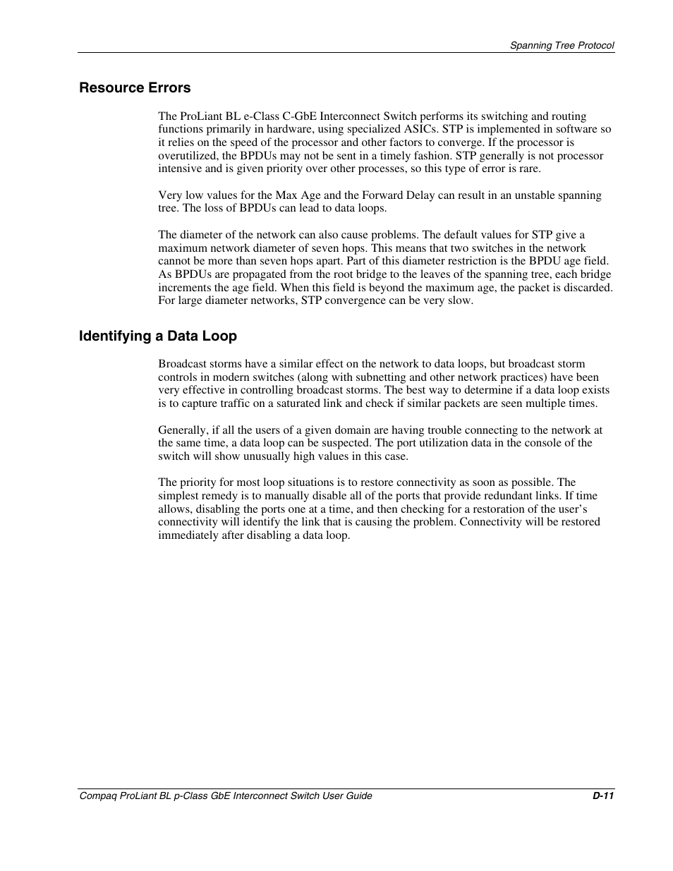 Resource errors, Identifying a data loop | Compaq ProLiant Interconnect Switch User Manual | Page 179 / 207