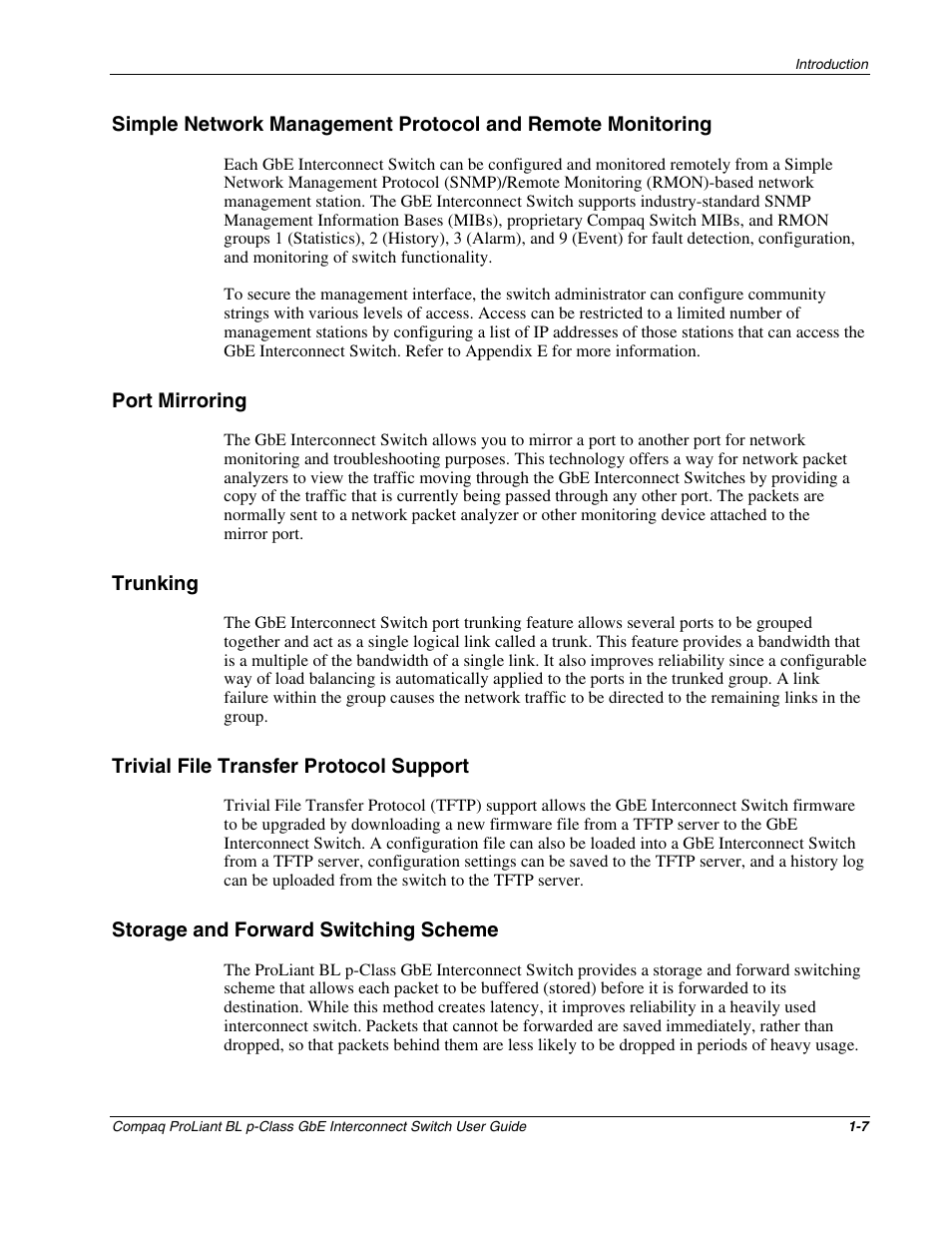 Port mirroring, Trunking, Trivial file transfer protocol support | Storage and forward switching scheme, Port mirroring -7, Trunking -7, Trivial file transfer protocol support -7, Storage and forward switching scheme -7 | Compaq ProLiant Interconnect Switch User Manual | Page 18 / 207