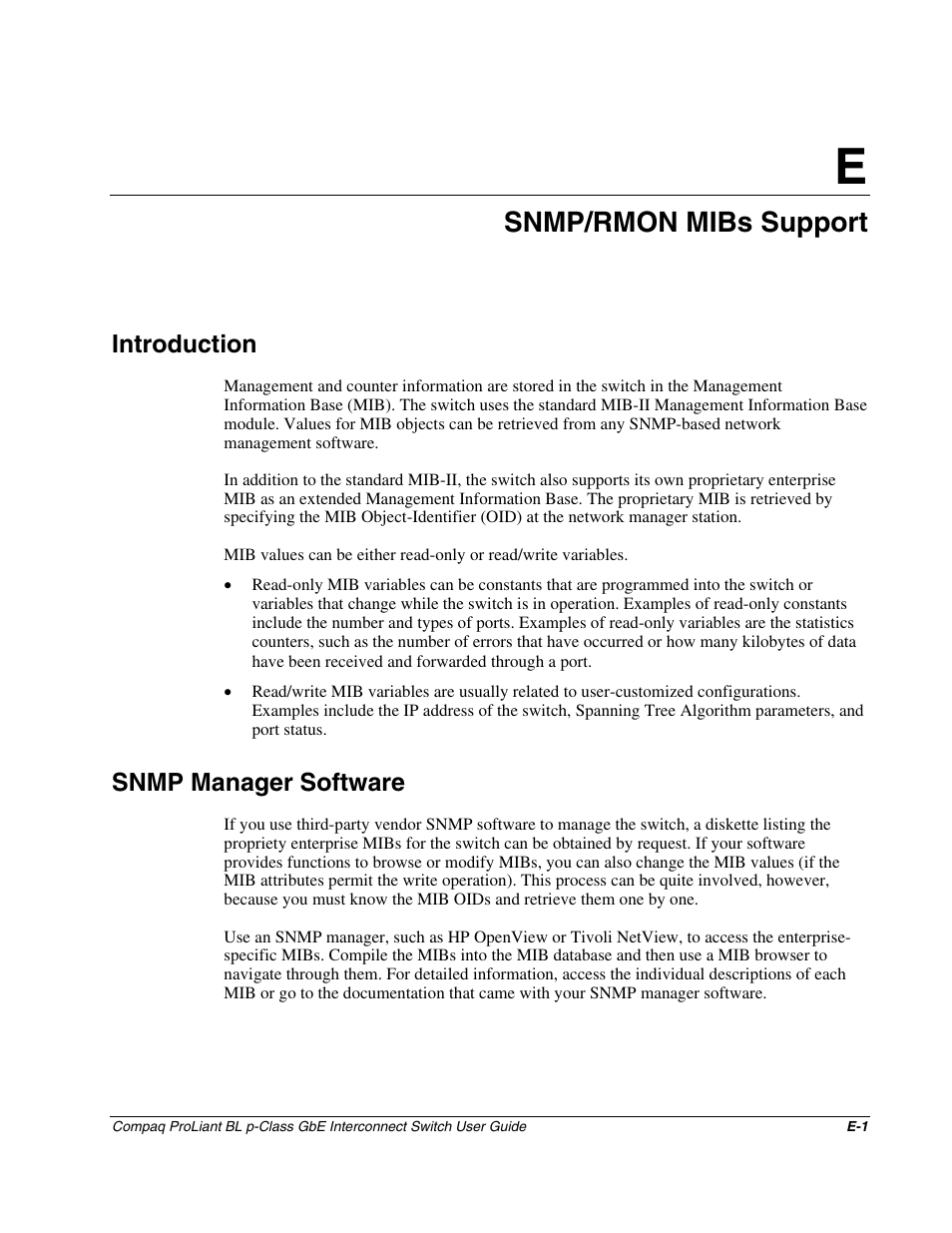 Appendix e: snmp/rmon mibs support, Introduction, Snmp manager software | Appendix e, Snmp/rmon mibs support | Compaq ProLiant Interconnect Switch User Manual | Page 183 / 207