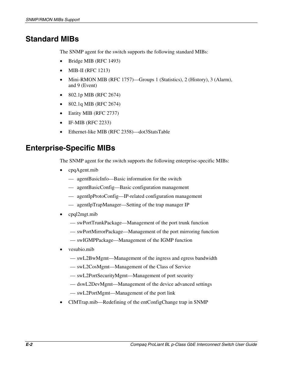 Standard mibs, Enterprise-specific mibs | Compaq ProLiant Interconnect Switch User Manual | Page 184 / 207