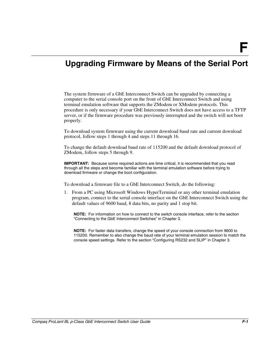 Appendix f, Upgrading firmware by means of the serial port | Compaq ProLiant Interconnect Switch User Manual | Page 185 / 207
