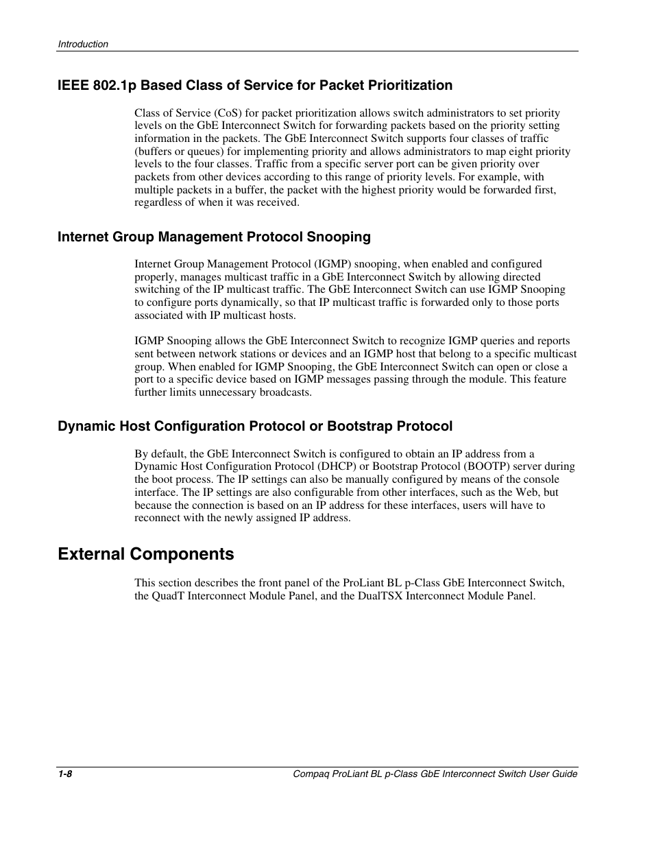 Internet group management protocol snooping, External components, Internet group management protocol snooping -8 | External components -8 | Compaq ProLiant Interconnect Switch User Manual | Page 19 / 207