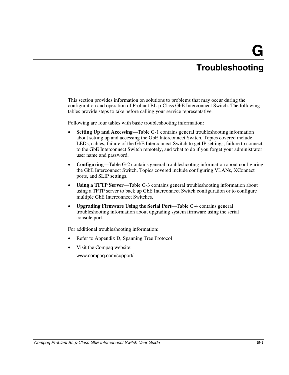 Appendix g: troubleshooting, Appendix g, Troubleshooting | Compaq ProLiant Interconnect Switch User Manual | Page 192 / 207