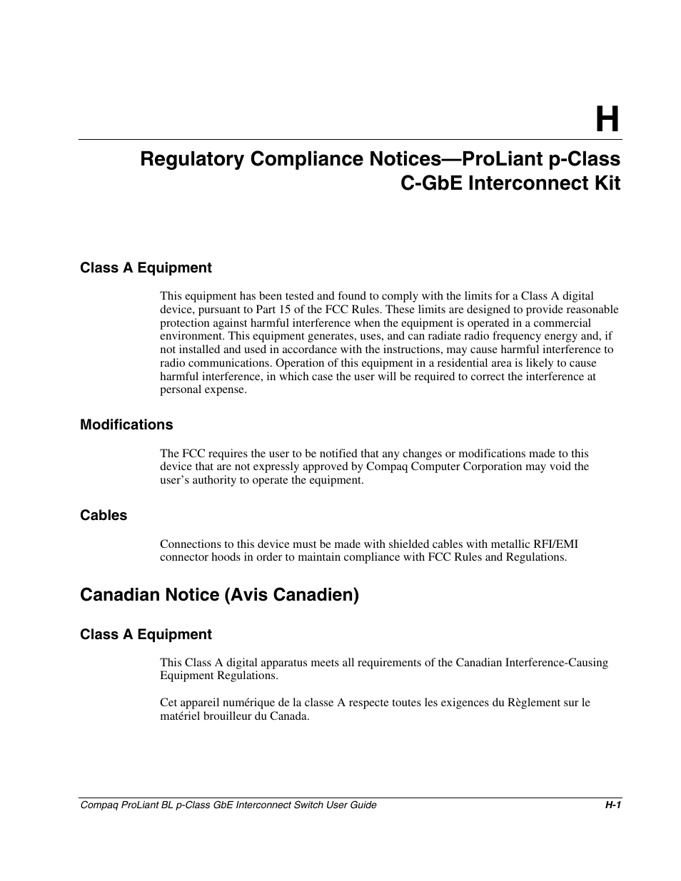 Class a equipment, Modifications, Cables | Canadian notice (avis canadien), Appendix h | Compaq ProLiant Interconnect Switch User Manual | Page 200 / 207