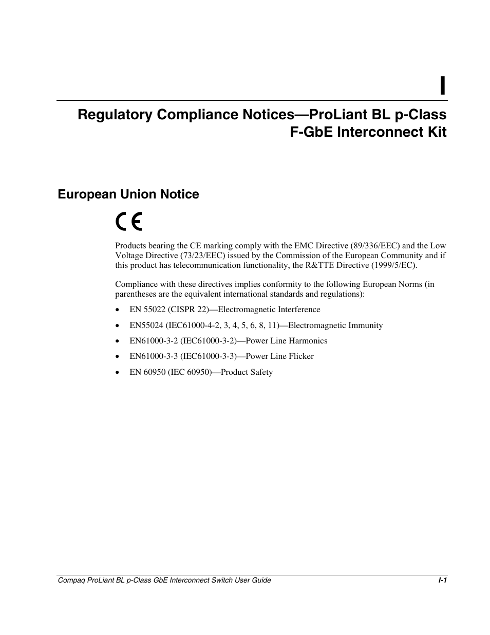 European union notice, Appendix i | Compaq ProLiant Interconnect Switch User Manual | Page 202 / 207