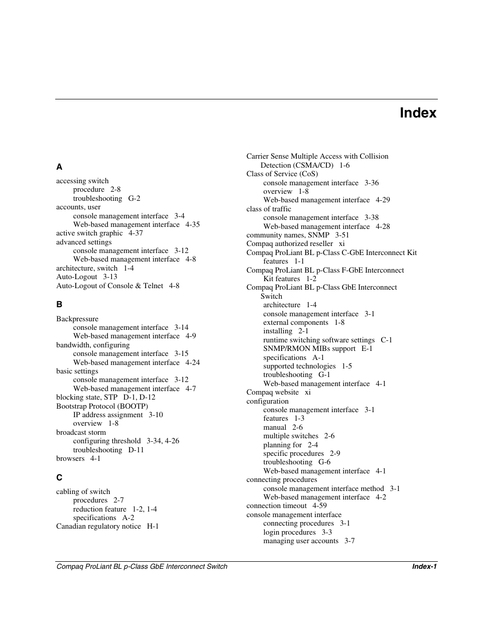Index | Compaq ProLiant Interconnect Switch User Manual | Page 203 / 207