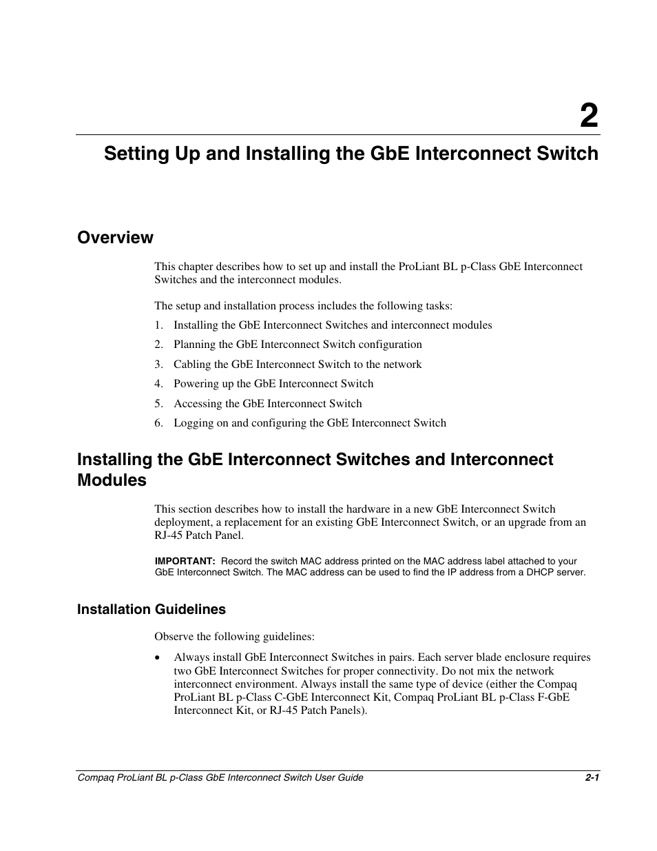 Overview, Installation guidelines, Chapter 2 | Overview -1, Installation guidelines -1 | Compaq ProLiant Interconnect Switch User Manual | Page 27 / 207