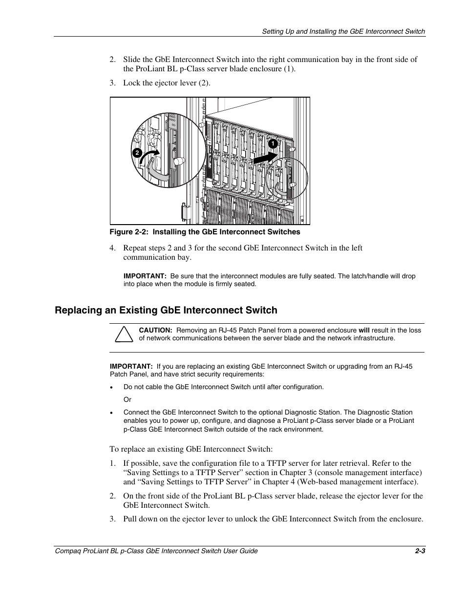 Replacing an existing gbe interconnect switch, Replacing an existing gbe interconnect switch -3, 2 installing | Interconnect switches -3 | Compaq ProLiant Interconnect Switch User Manual | Page 29 / 207