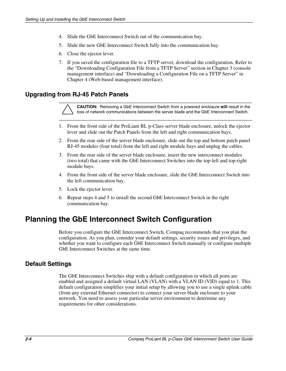 Upgrading from rj-45 patch panels, Planning the gbe interconnect switch configuration, Default settings | Upgrading from rj-45 patch panels -4, Default settings -4 | Compaq ProLiant Interconnect Switch User Manual | Page 30 / 207