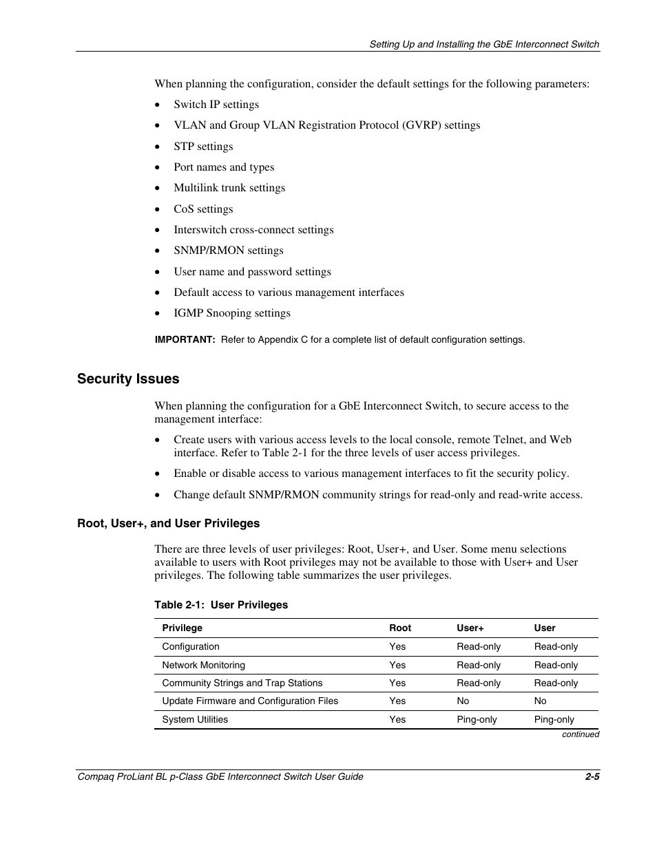 Security issues, Root, user+, and user privileges, Security issues -5 | Compaq ProLiant Interconnect Switch User Manual | Page 31 / 207