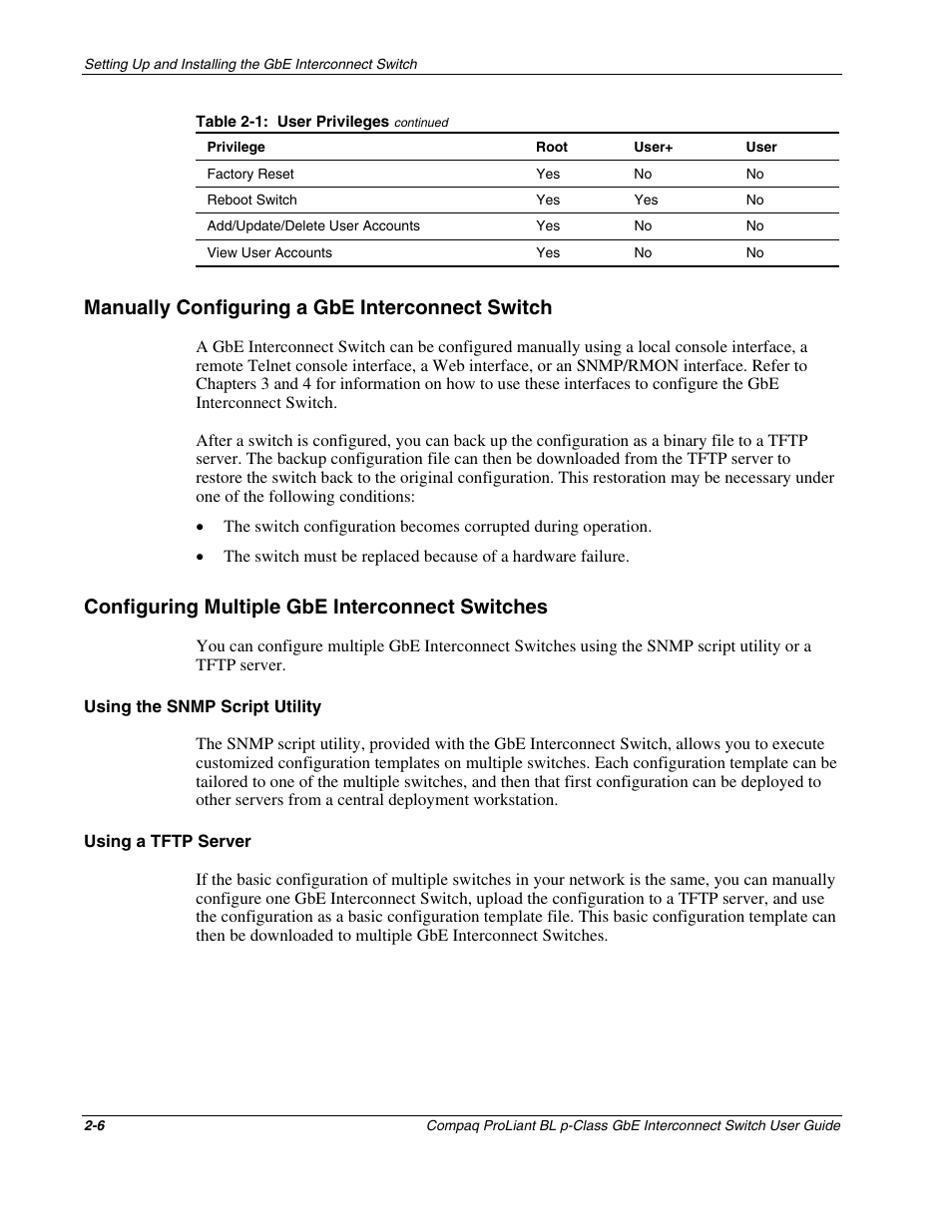 Manually configuring a gbe interconnect switch, Configuring multiple gbe interconnect switches, Using the snmp script utility | Using a tftp server, Manually configuring a gbe interconnect switch -6, Configuring multiple gbe interconnect switches -6 | Compaq ProLiant Interconnect Switch User Manual | Page 32 / 207