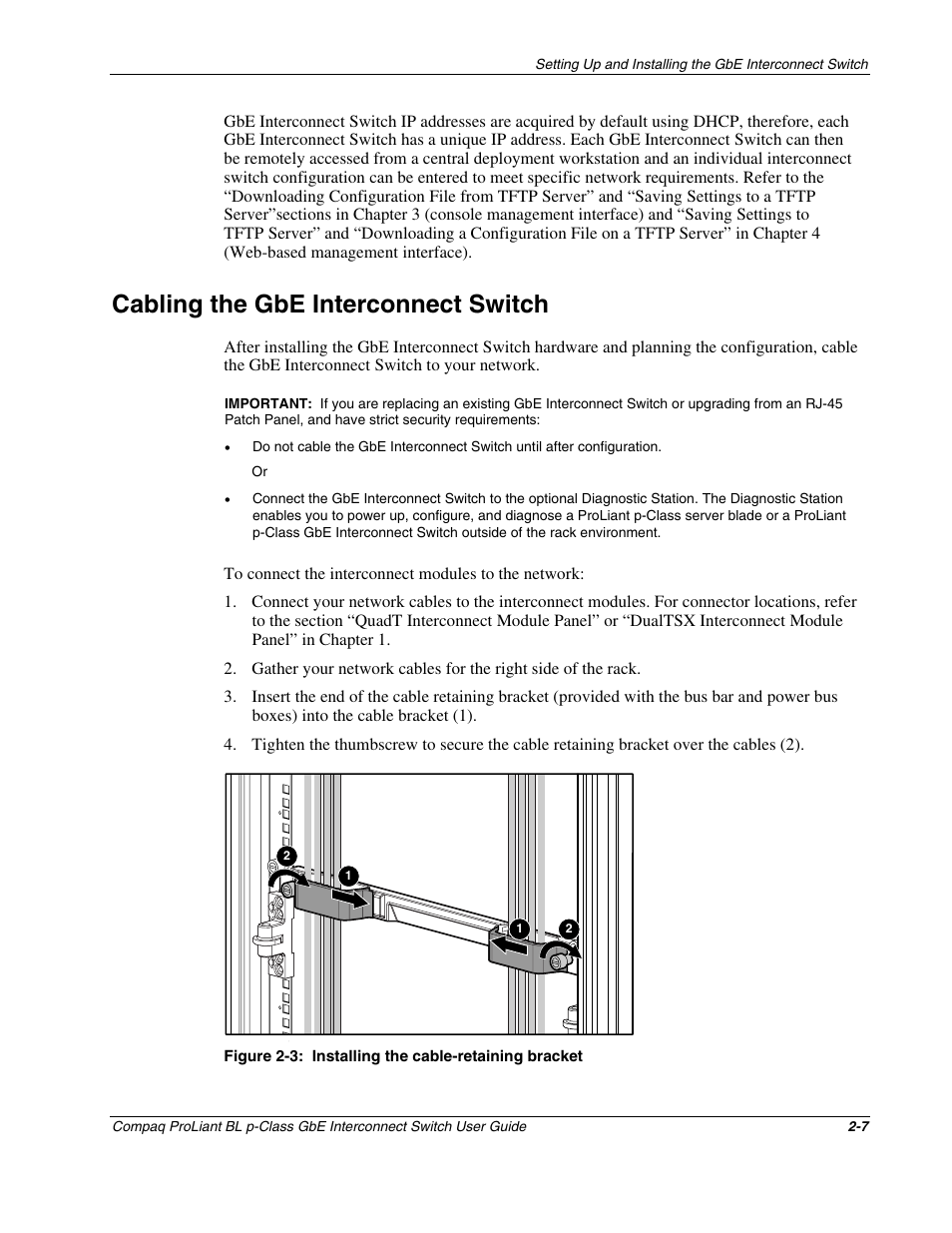 Cabling the gbe interconnect switch, Cabling the gbe interconnect switch -7, 3 installing | Cable-retaining bracket -7 | Compaq ProLiant Interconnect Switch User Manual | Page 33 / 207