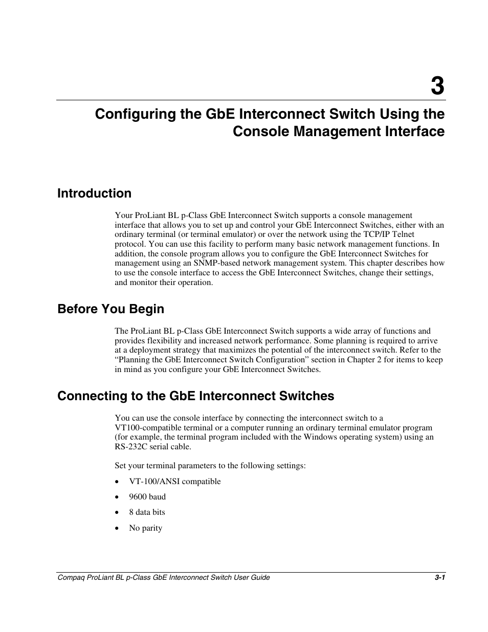 Introduction, Before you begin, Connecting to the gbe interconnect switches | Chapter 3, Introduction -1, Before you begin -1, Connecting to the gbe interconnect switches -1 | Compaq ProLiant Interconnect Switch User Manual | Page 37 / 207