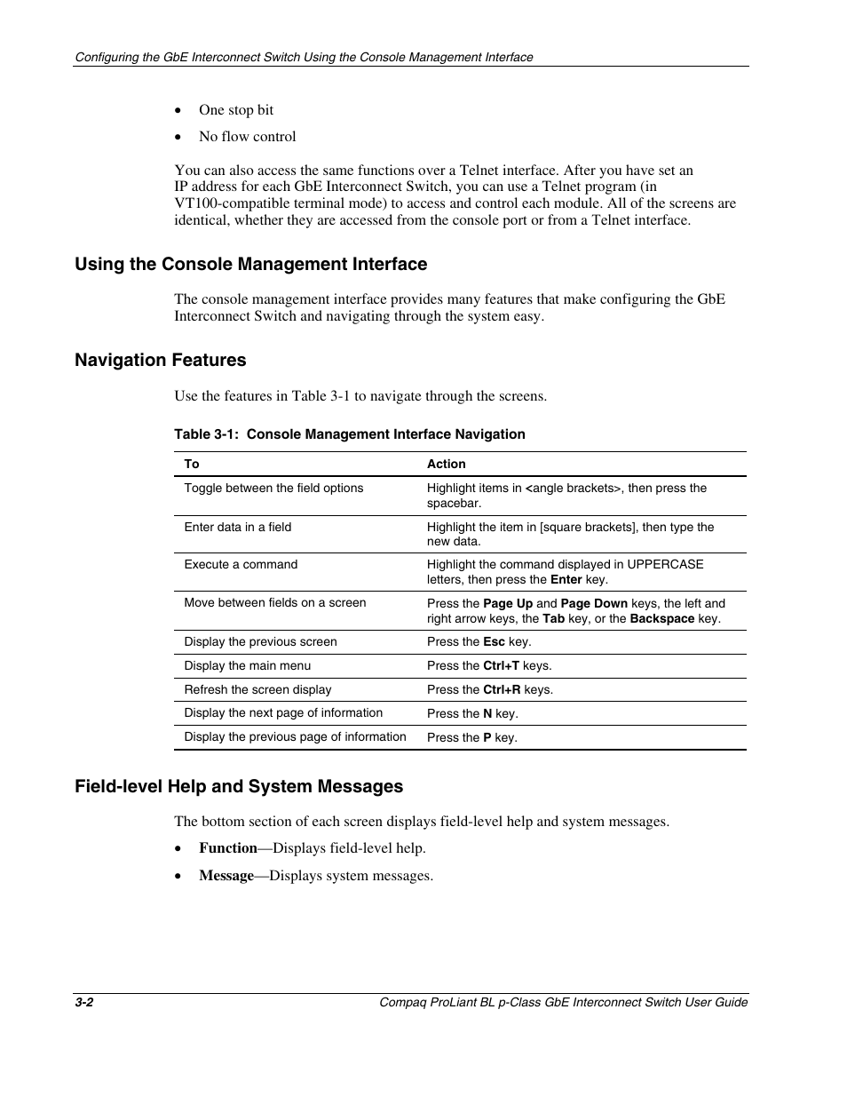 Using the console management interface, Navigation features, Field-level help and system messages | Using the console management interface -2, Navigation features -2, Field-level help and system messages -2 | Compaq ProLiant Interconnect Switch User Manual | Page 38 / 207