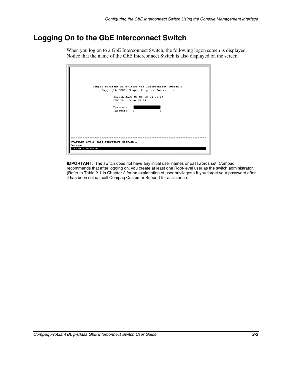 Logging on to the gbe interconnect switch, Logging on to the gbe interconnect switch -3 | Compaq ProLiant Interconnect Switch User Manual | Page 39 / 207