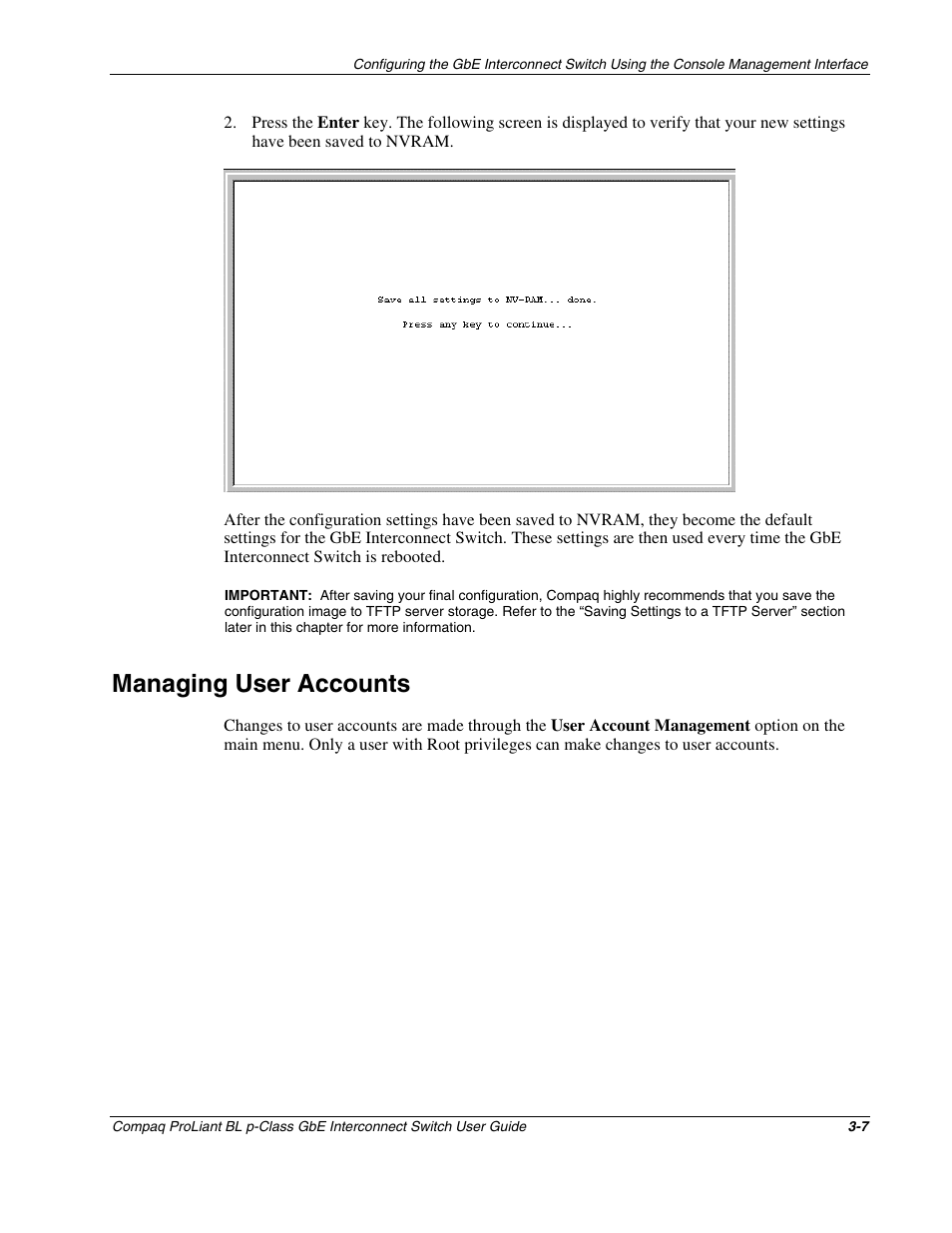 Managing user accounts, Managing user accounts -7 | Compaq ProLiant Interconnect Switch User Manual | Page 43 / 207