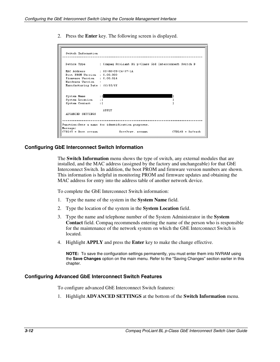 Configuring gbe interconnect switch information | Compaq ProLiant Interconnect Switch User Manual | Page 48 / 207