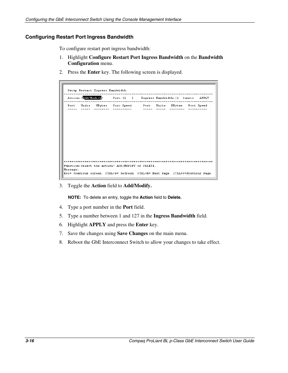 Configuring restart port ingress bandwidth | Compaq ProLiant Interconnect Switch User Manual | Page 52 / 207